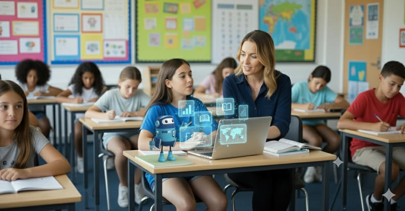 Ilustración sobre aprendizaje y tecnología en el aula