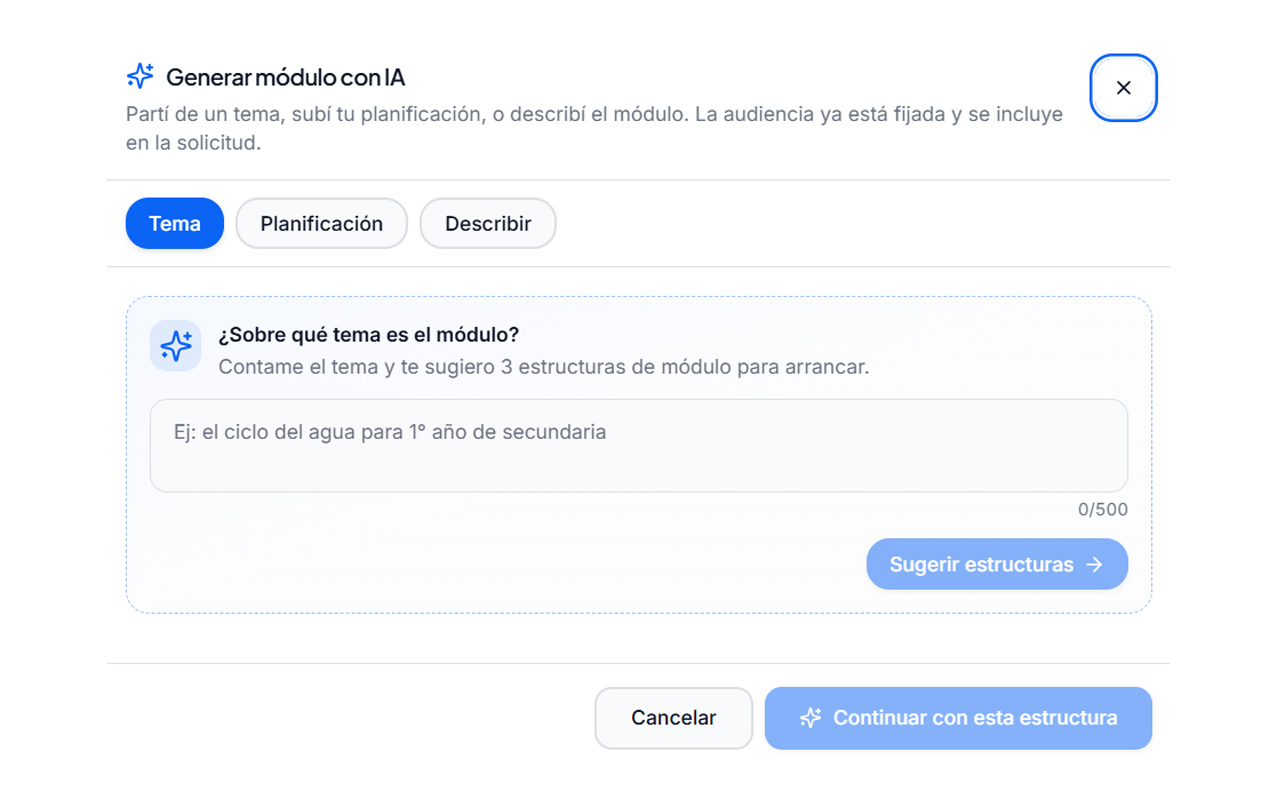 Panel de creación de módulo donde el docente define el objetivo con IA