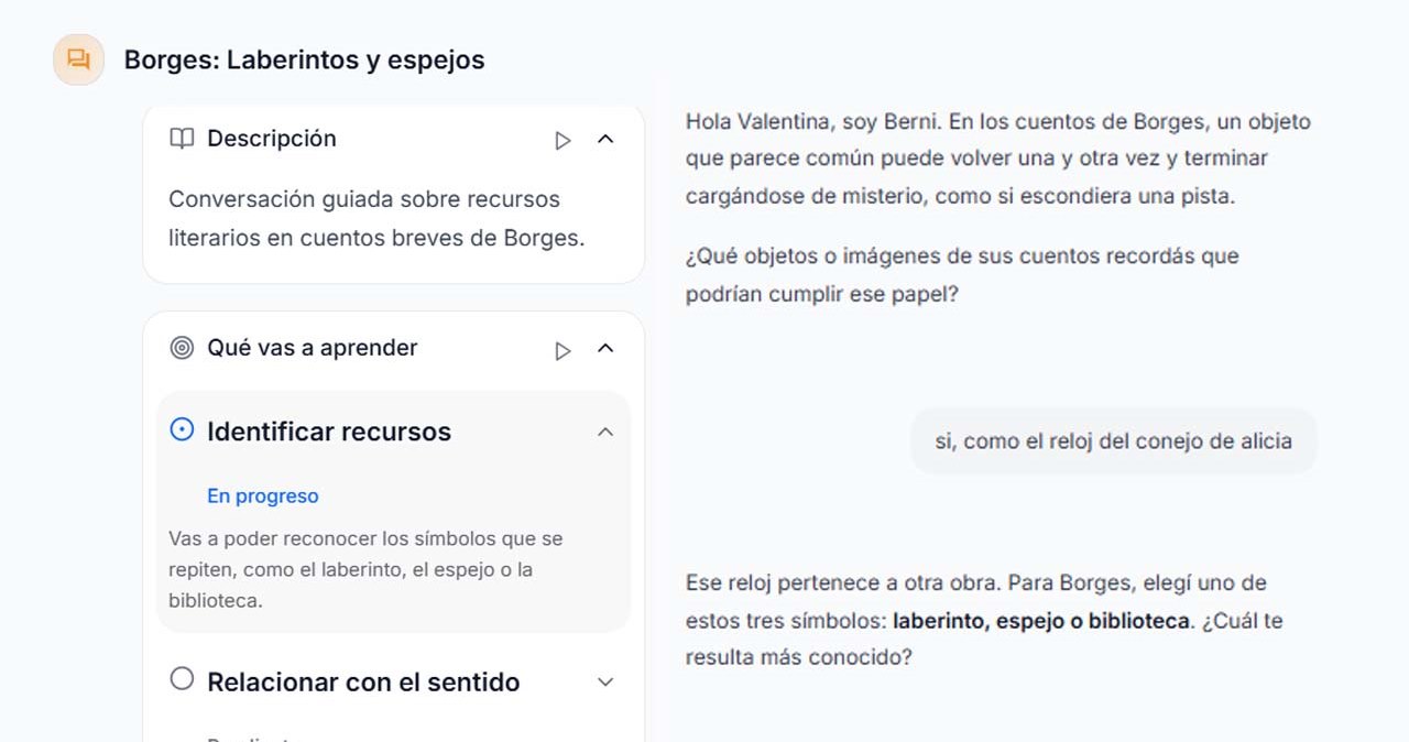 Conversación guiada de Berni con un alumno mediante preguntas, sin entregar la respuesta