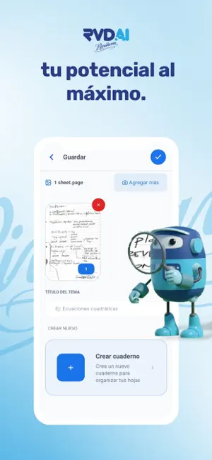 Pantalla para guardar una hoja y crear un cuaderno en la APP móvil de RVD.AI