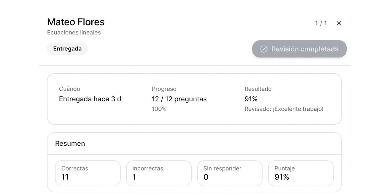 Panel de evidencia de un alumno en RVD.AI
