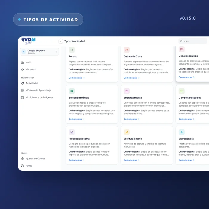 Los tipos de actividad Emparejamiento y Completar espacios en el catálogo de RVD.AI 2