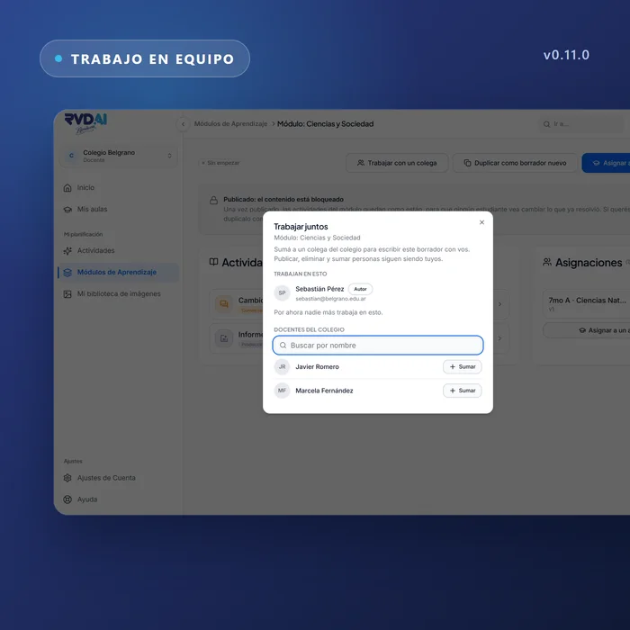 El diálogo para invitar a un colega a trabajar en un módulo de RVD.AI