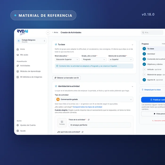 La definición de una actividad en RVD.AI, con sus objetivos, su rúbrica y su material