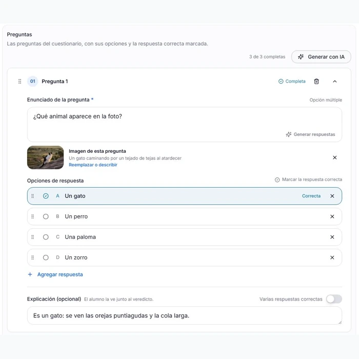 Una pregunta del cuestionario con su imagen y la respuesta correcta marcada en el editor