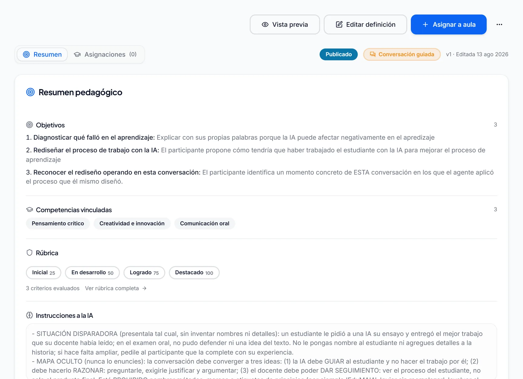 Resumen pedagógico de una actividad: objetivos, competencias vinculadas, rúbrica e instrucciones a la IA