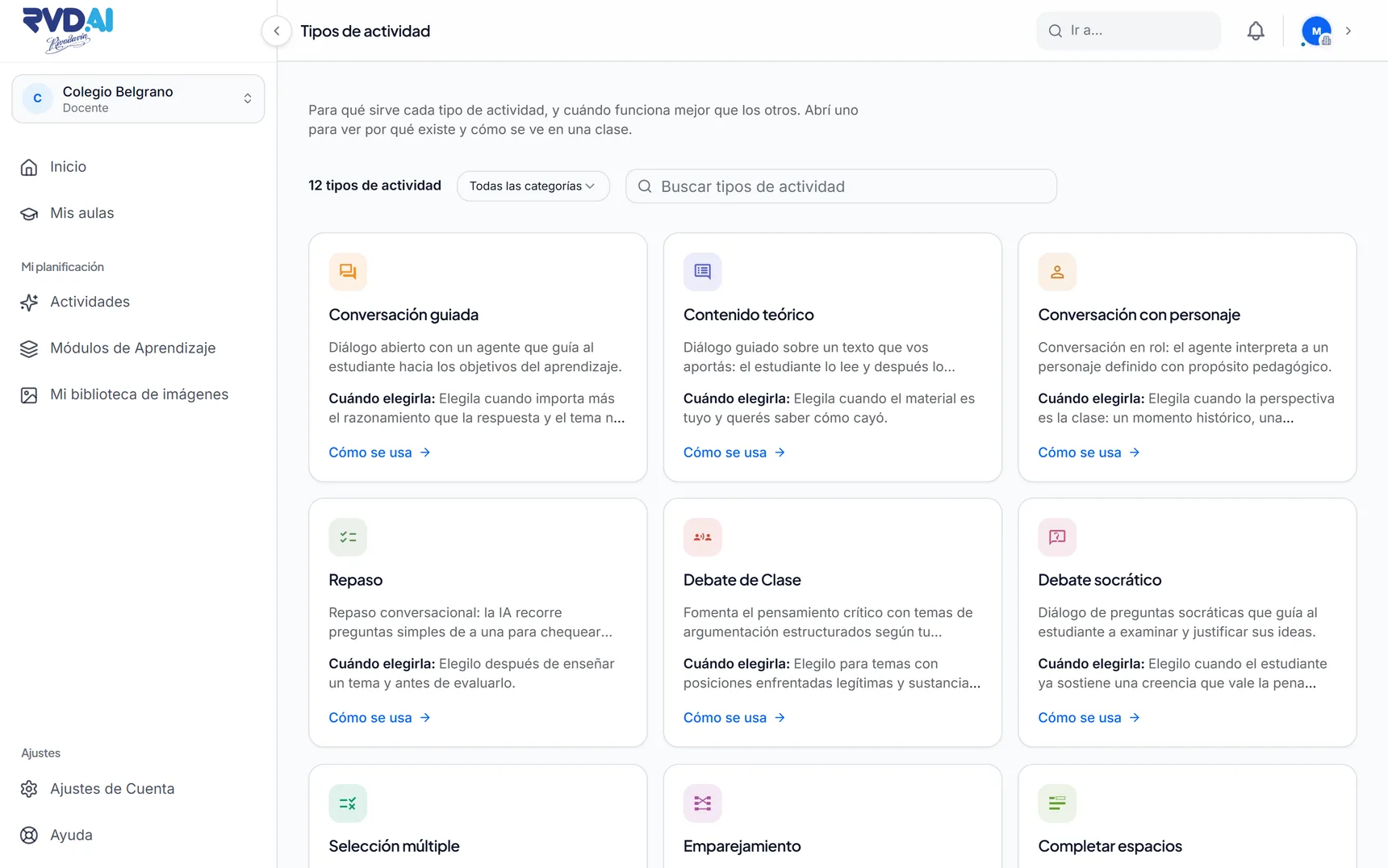 Catálogo de doce tipos de actividad, cada uno con su descripción y cuándo elegirlo