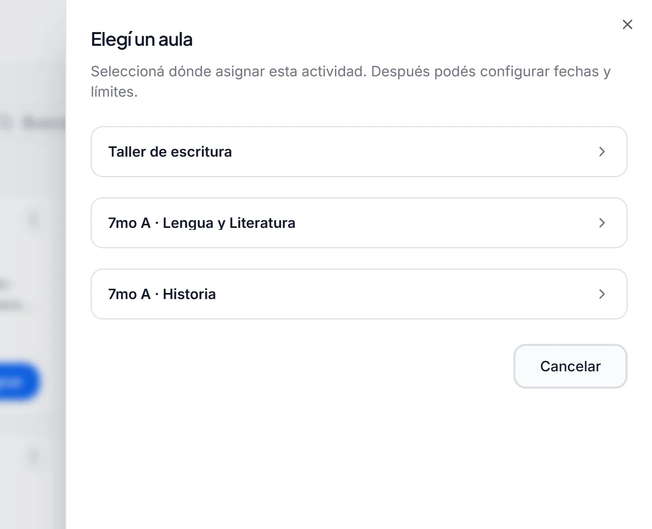 Panel para asignar una actividad eligiendo el aula, antes de configurar sus fechas