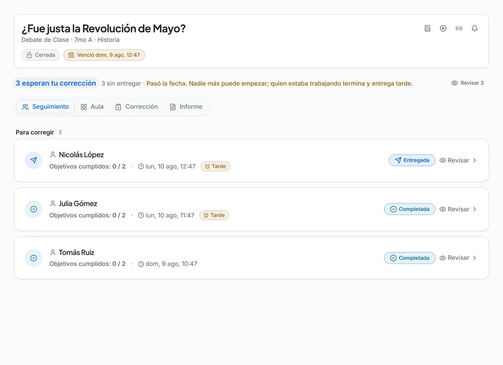 Cara de corrección de una asignación con tres entregas para corregir y quién falta entregar