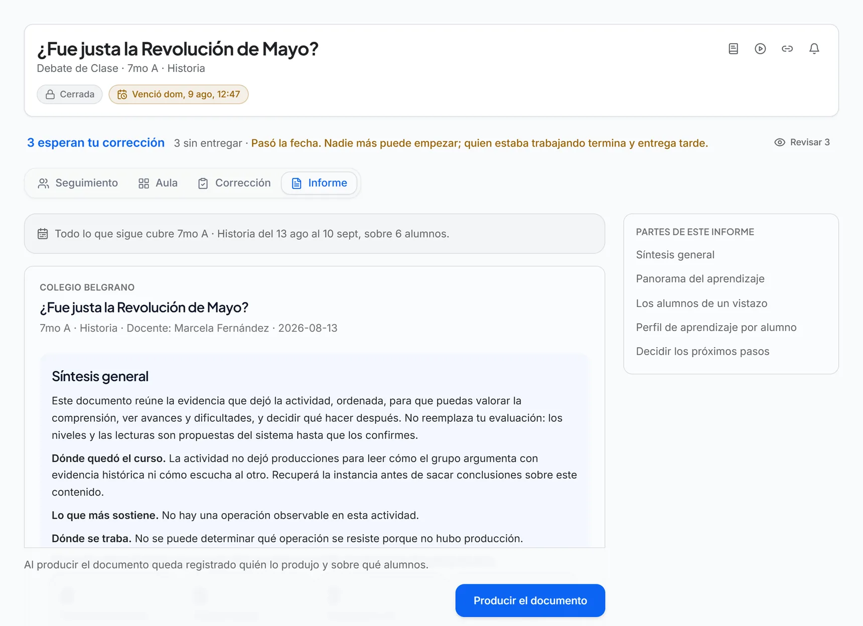 Cara Informe de una asignación con la síntesis general del aula y el índice de partes del documento