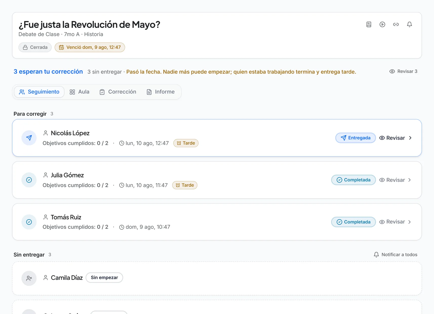 Tablero de una asignación cerrada con sus cuatro caras y las entregas que esperan corrección