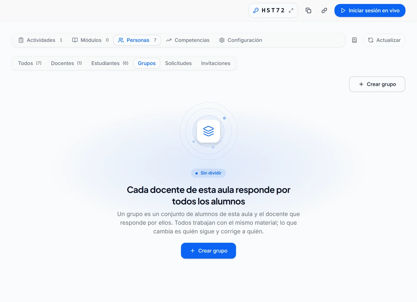 Pestaña Personas de un aula con la vista de grupos y la acción para crear el primero