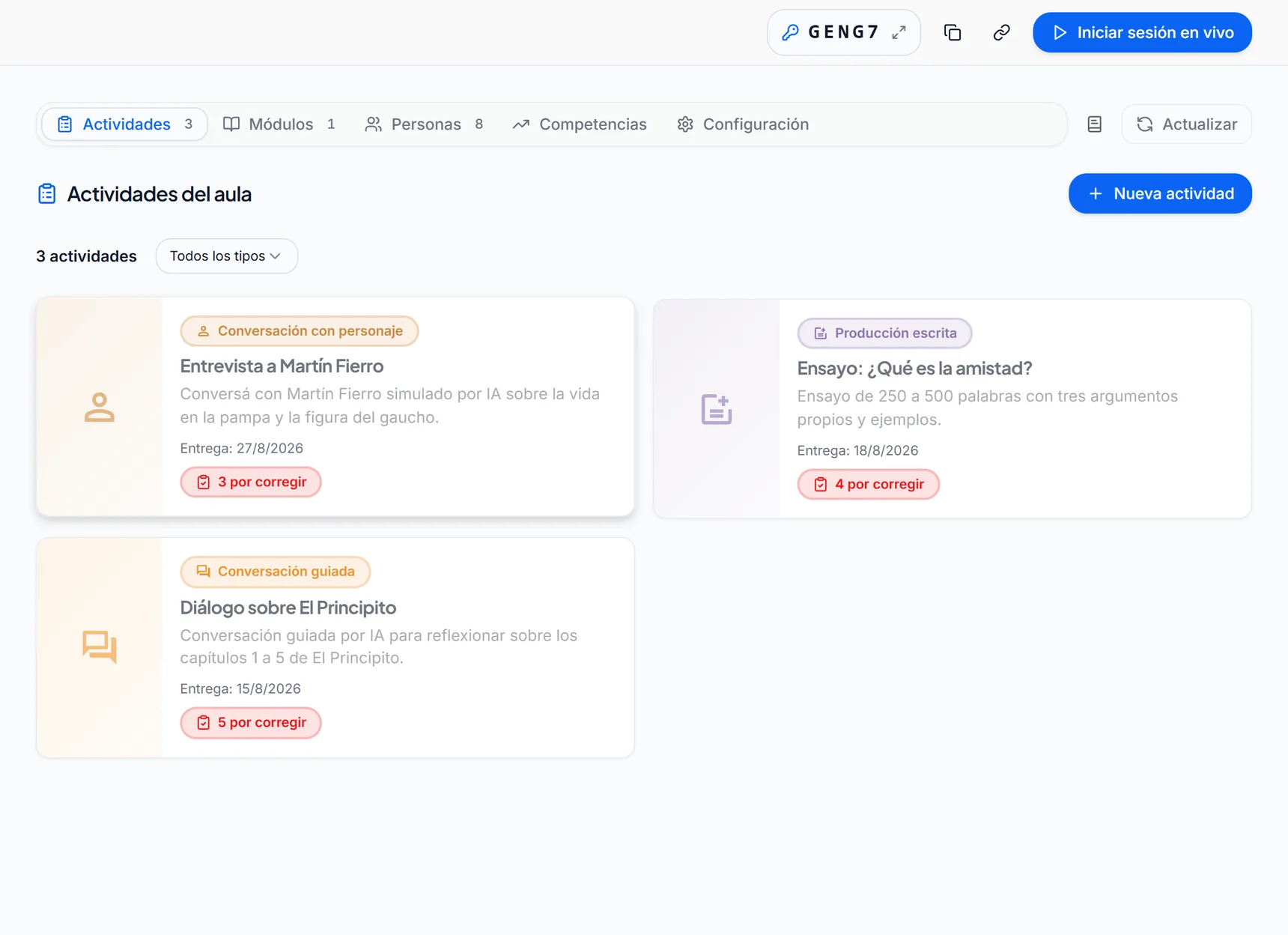 Un aula de séptimo con tres actividades asignadas, el código de la clase en vivo y sus pestañas
