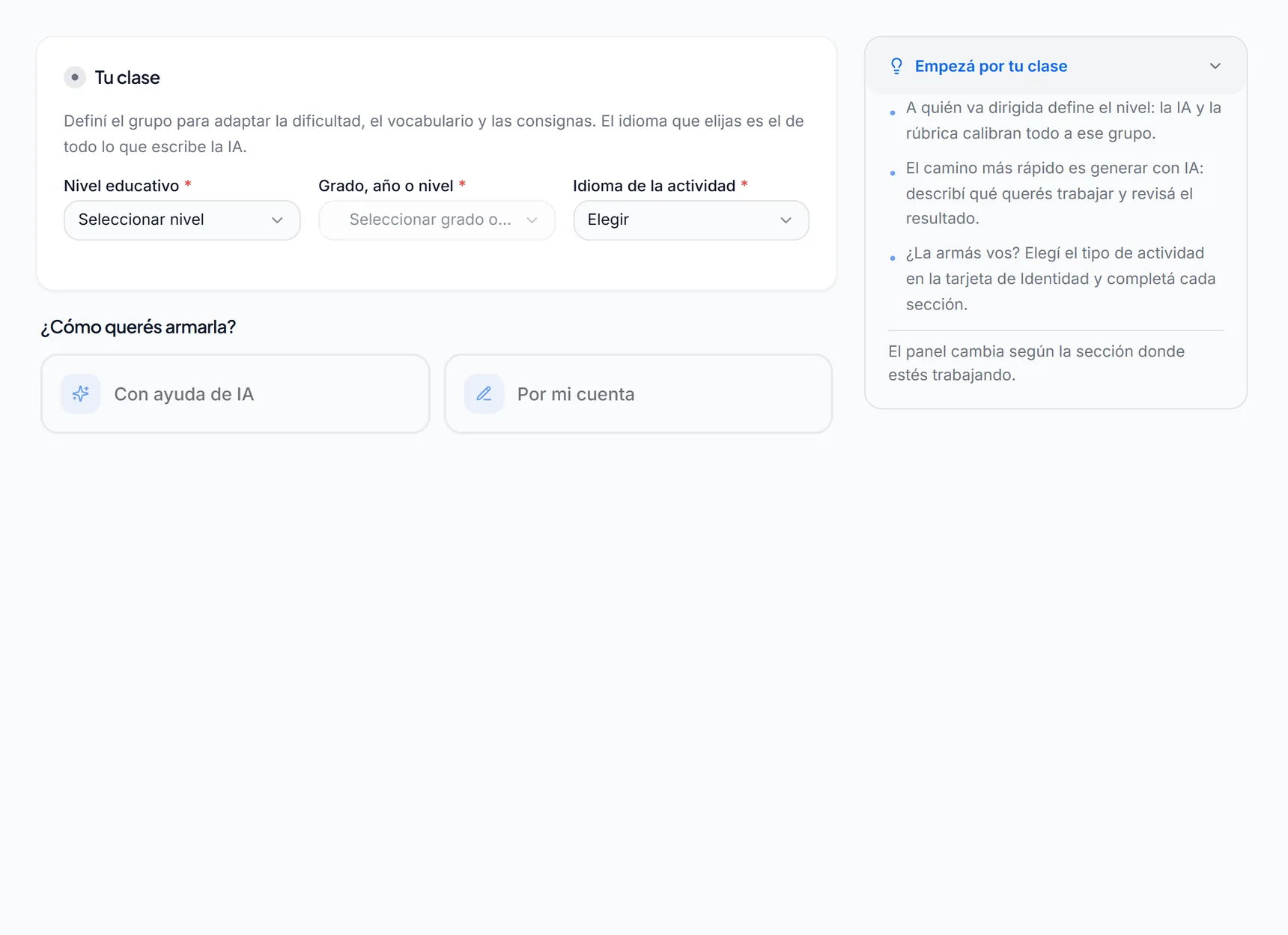 Primer paso del creador de actividades: nivel educativo, grado e idioma de la actividad como campos obligatorios