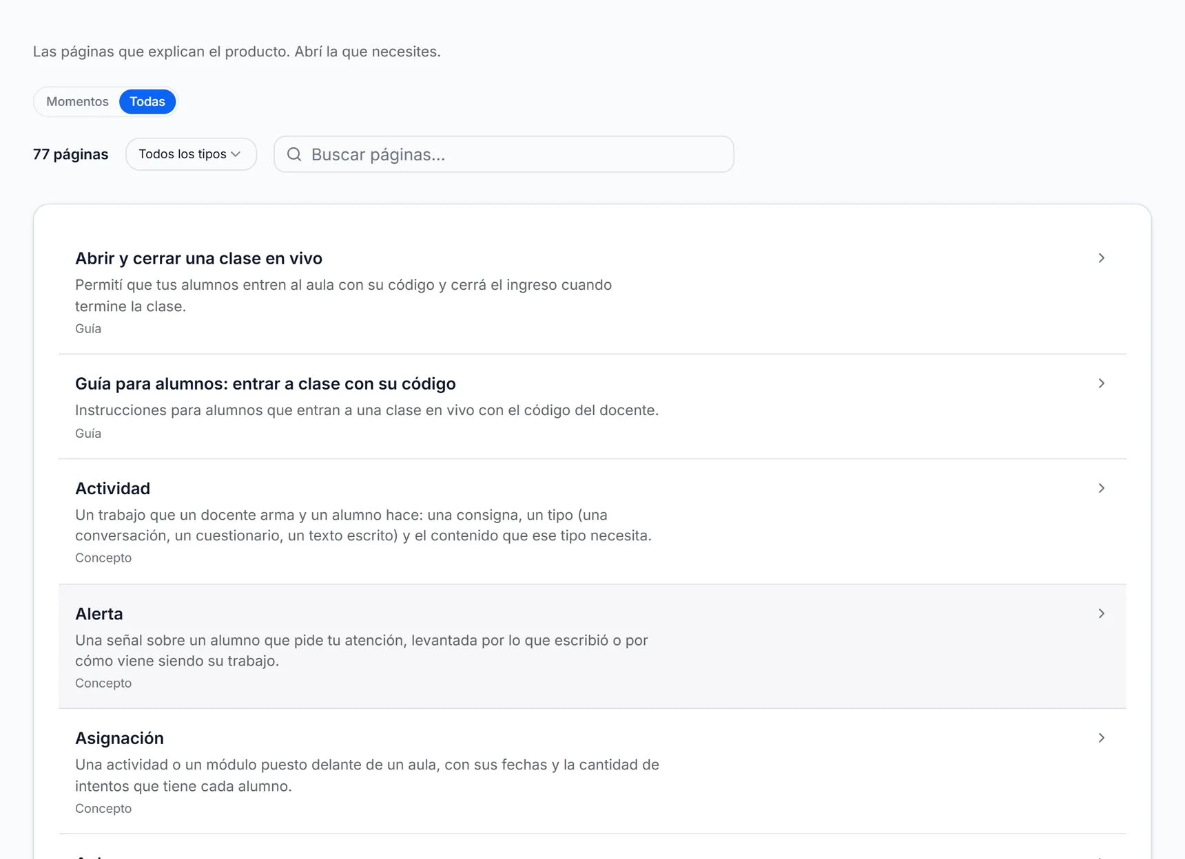 Índice de la documentación con guías y conceptos, el buscador y el filtro por tipo de página
