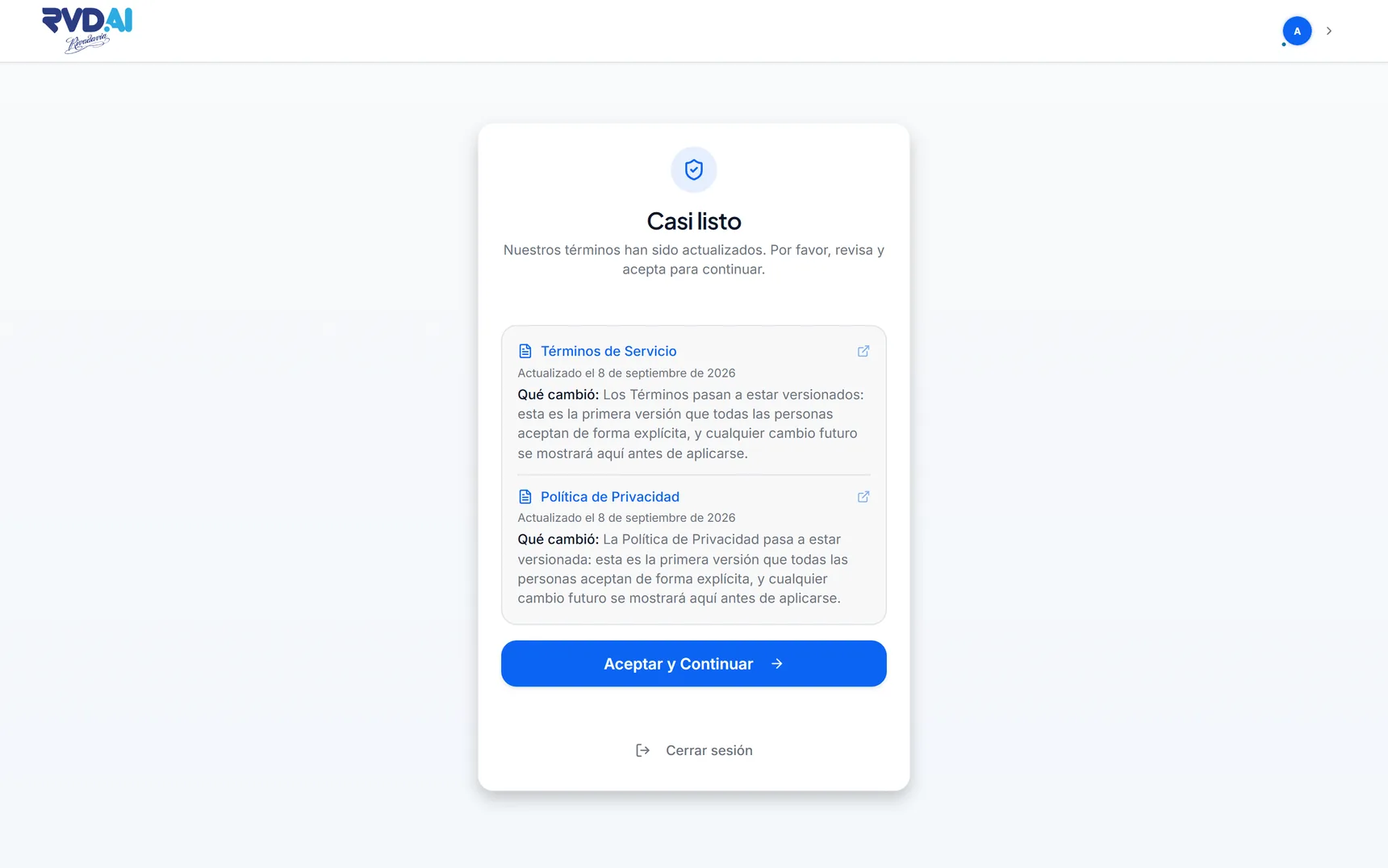 Pantalla de aceptación con los Términos de Servicio y la Política de Privacidad actualizados y qué cambió en cada uno