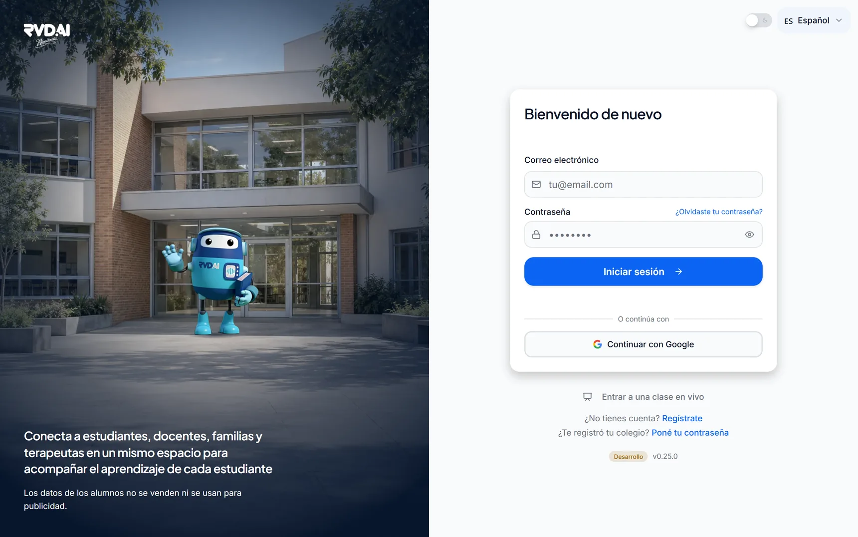 Pantalla de ingreso con Berni en el panel de marca y el formulario de correo y contraseña