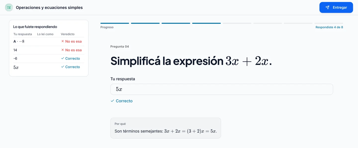 Prueba del docente con el registro de respuestas, lecturas y veredictos junto a una expresión simplificada