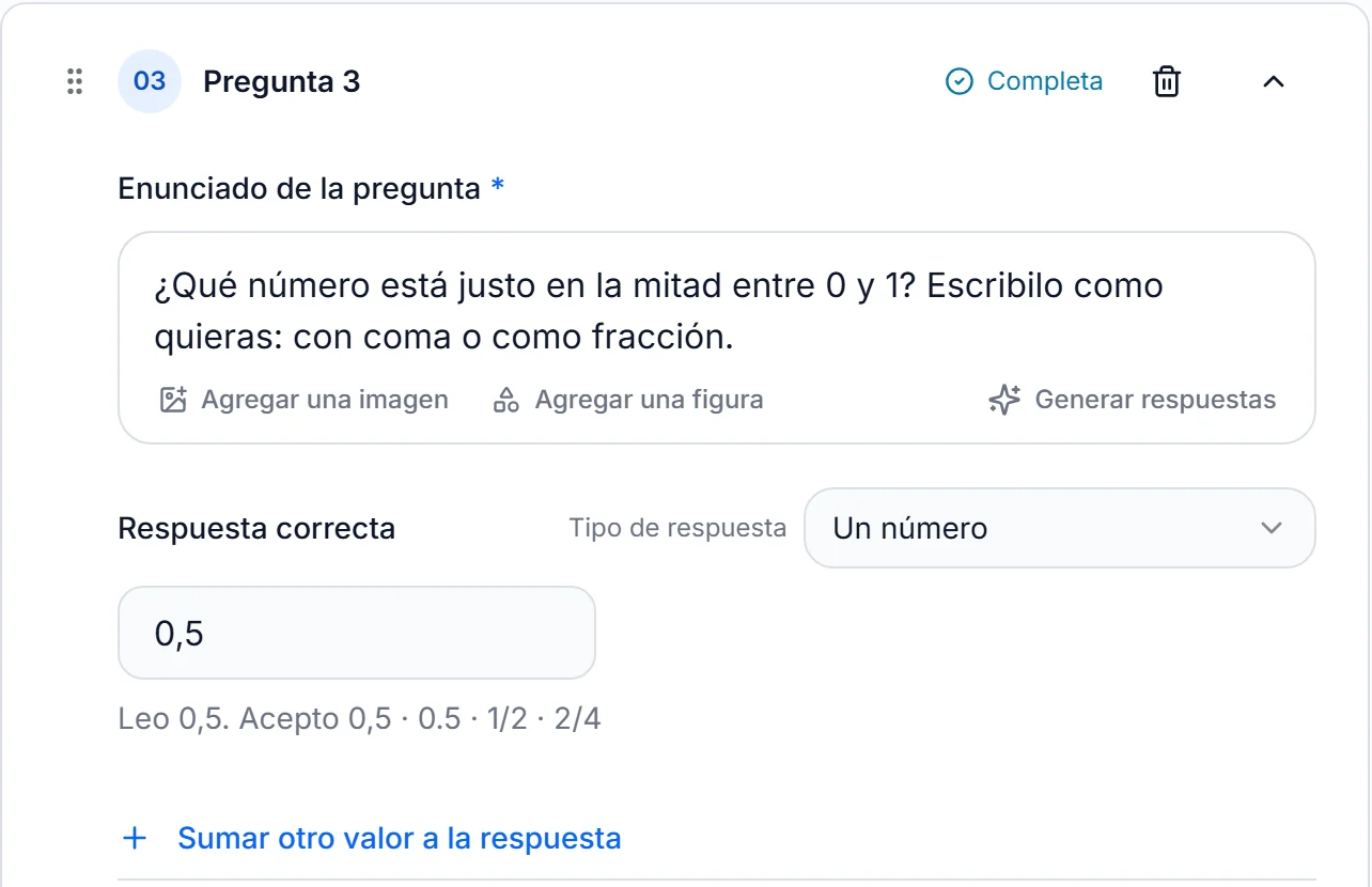 Pregunta de tipo Un número con la clave 0,5 y la lectura Leo 0,5. Acepto 0,5 · 0.5 · 1/2 · 2/4
