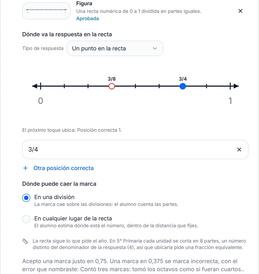 Editor de una pregunta de recta numérica con la figura aprobada, la clave en 3/4 y el error anticipado en 3/8