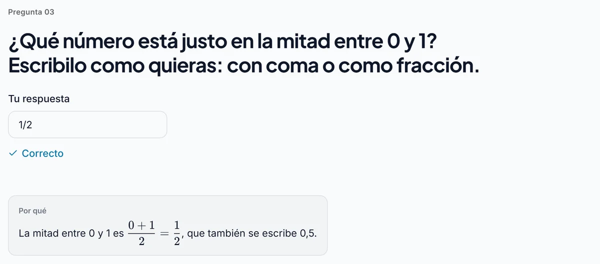 Pregunta sobre el número entre 0 y 1 respondida con 1/2, marcada como correcta, con su explicación