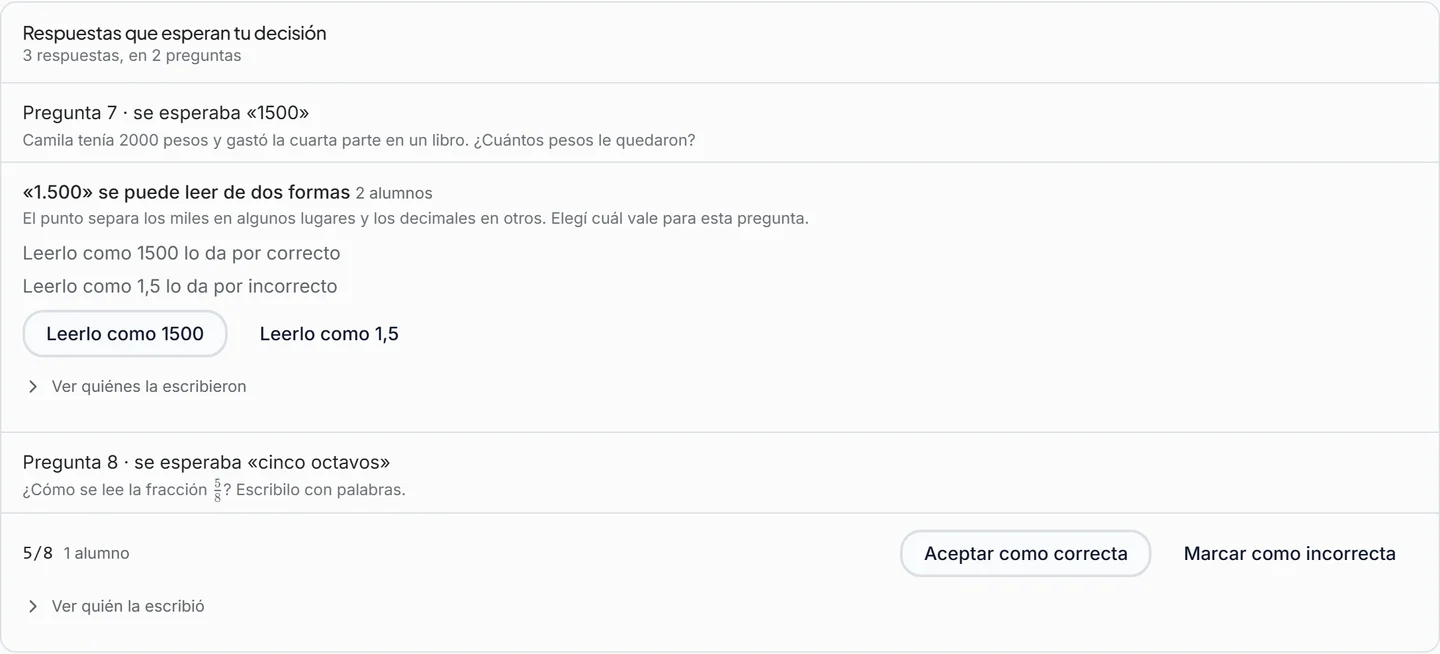 Bandeja con 1.500 leído de dos formas por dos alumnos y 5/8 escrito por uno, con los botones para decidir
