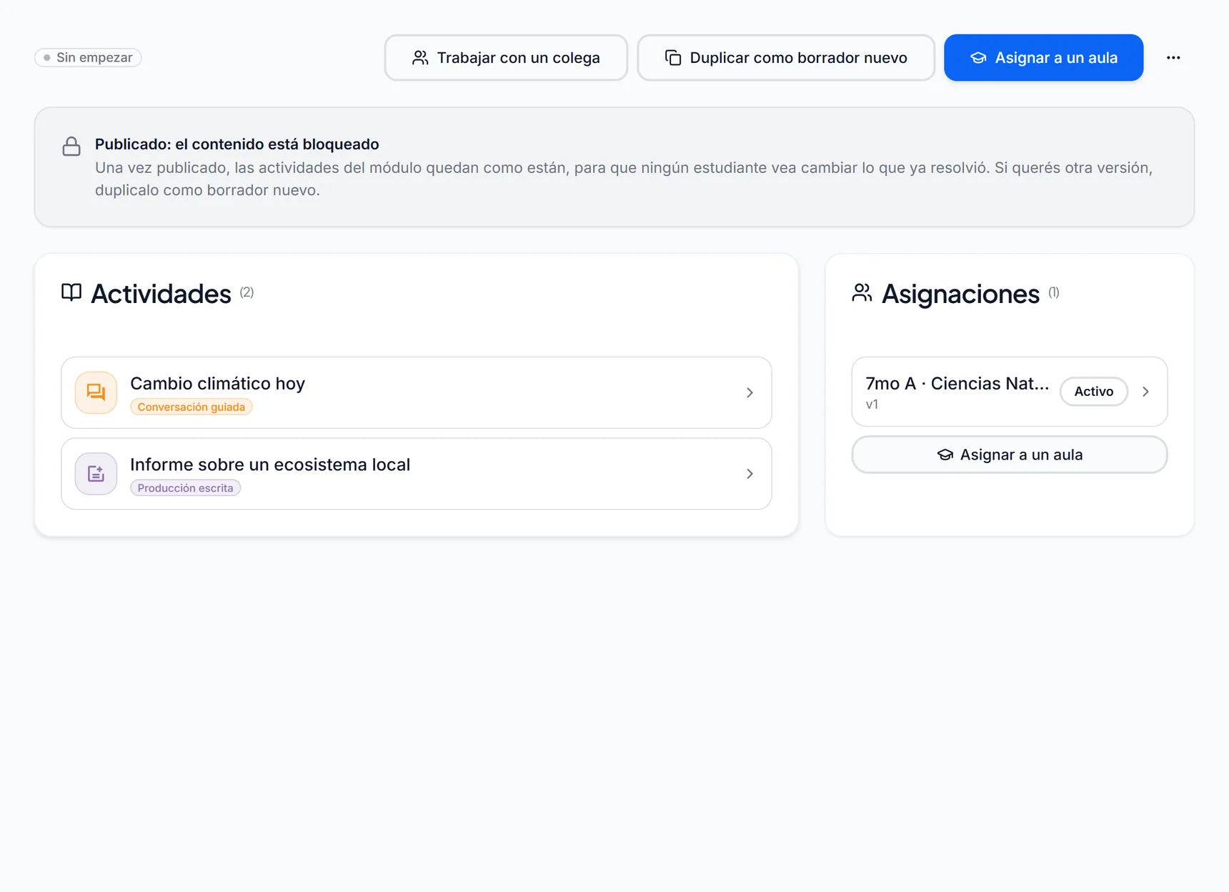 Detalle de un módulo publicado con el aviso de contenido bloqueado, sus dos actividades y su asignación activa