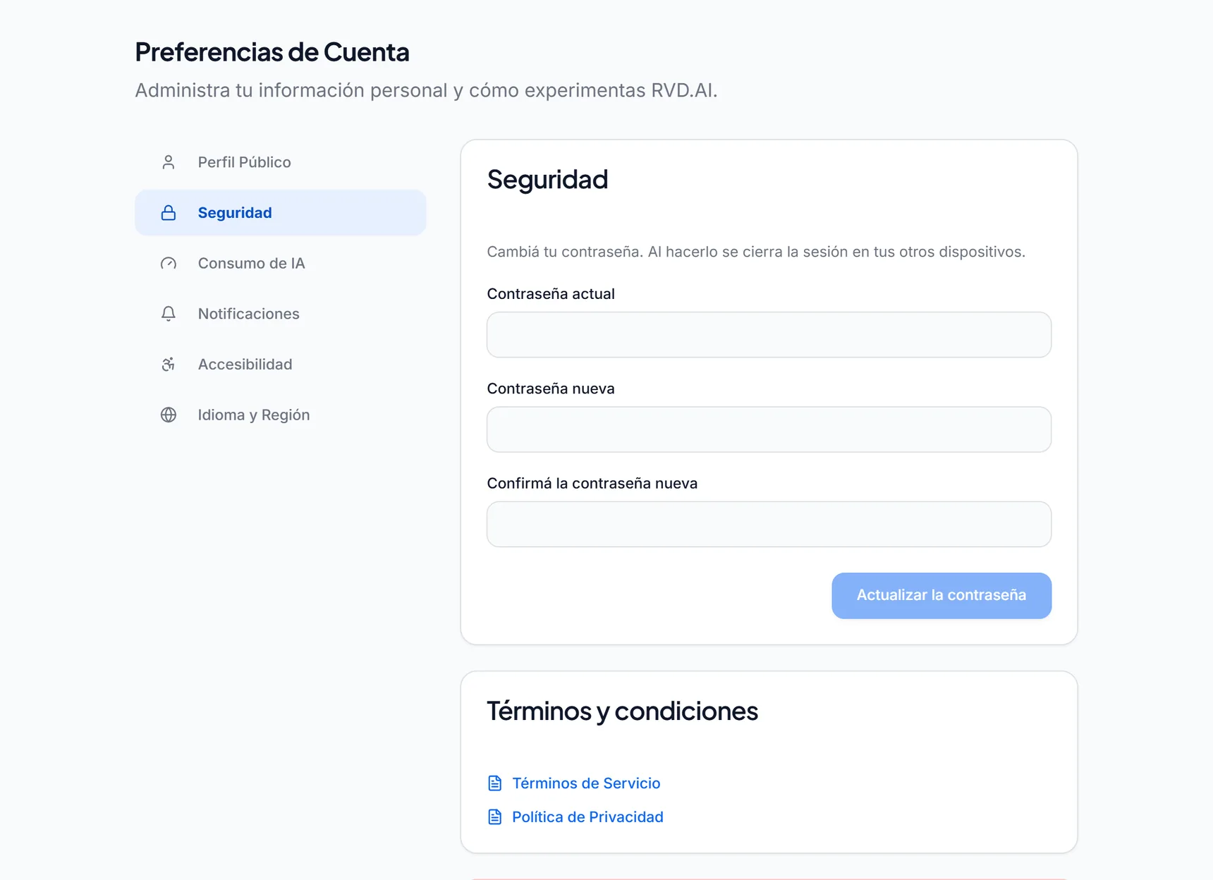 Sección Seguridad de los ajustes de cuenta, con el formulario para cambiar la contraseña