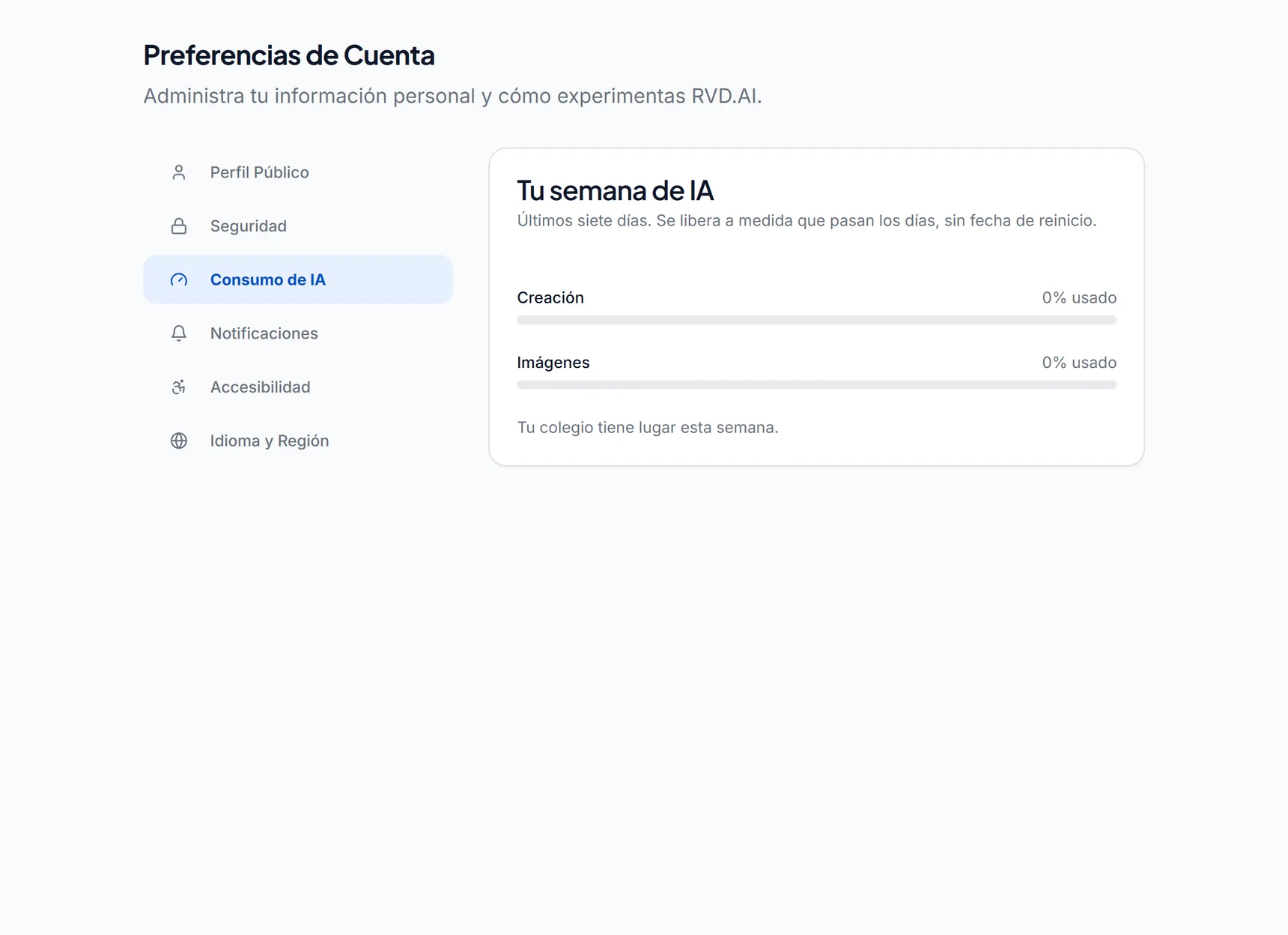 Sección Consumo de IA de los ajustes, con el uso de la semana por creación e imágenes